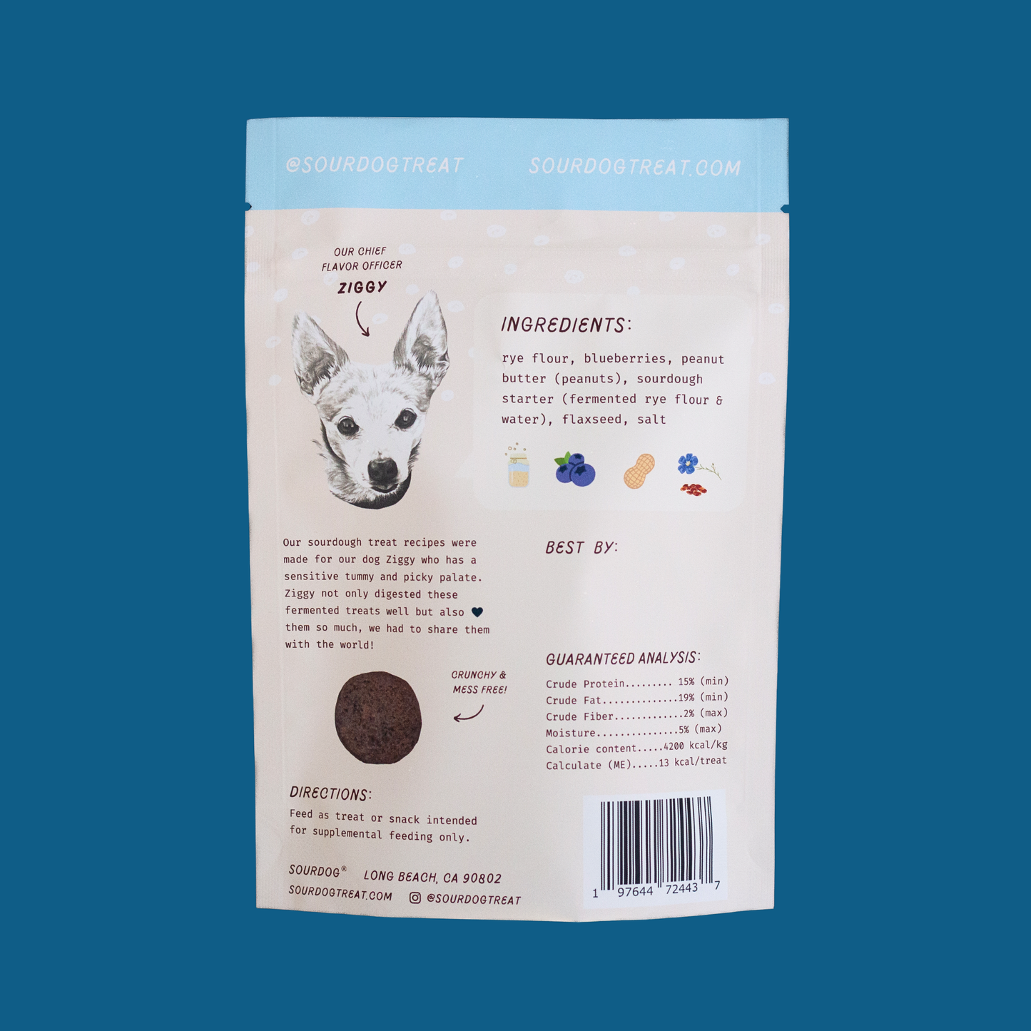 Back side of SourDog's Berry Blessed, blueberry sourdough fermented dog treats for sensitive stomach