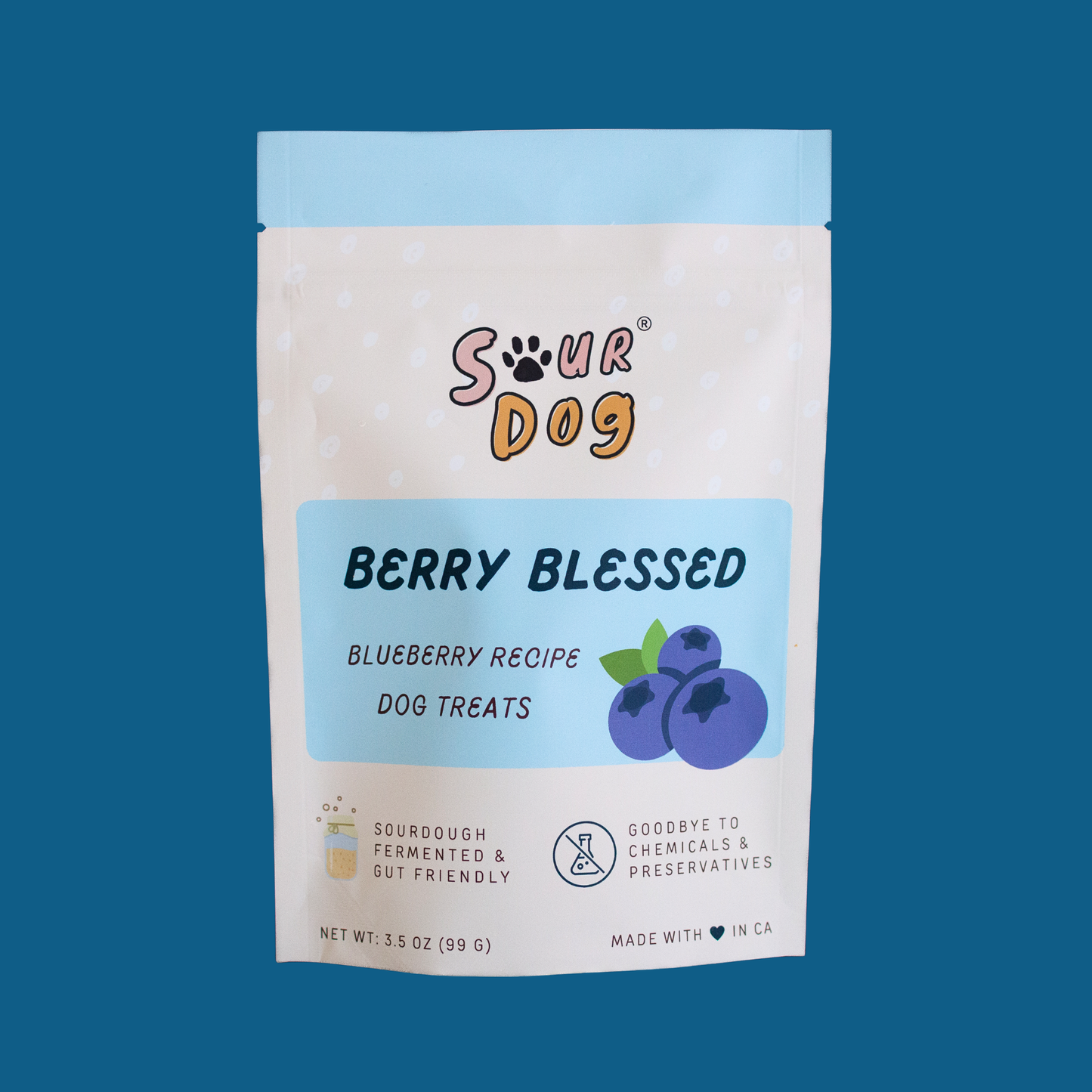 Front side of SourDog's Berry Blessed, blueberry sourdough fermented dog treats for sensitive stomach