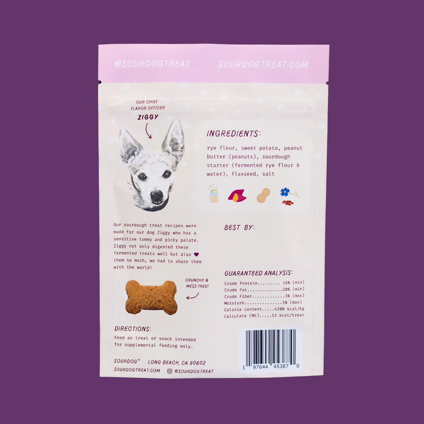 Back side of SourDog's OG, sweet potato sourdough fermented dog treats for sensitive stomach