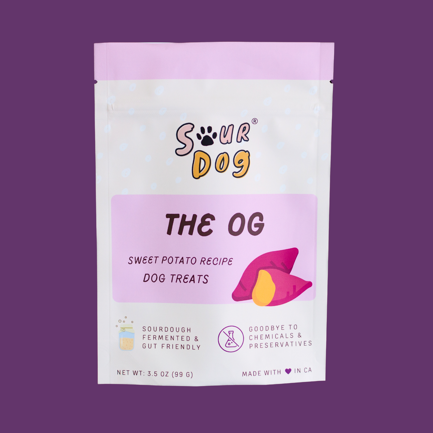 Front side of SourDog's OG, sweet potato sourdough fermented dog treats for sensitive stomach