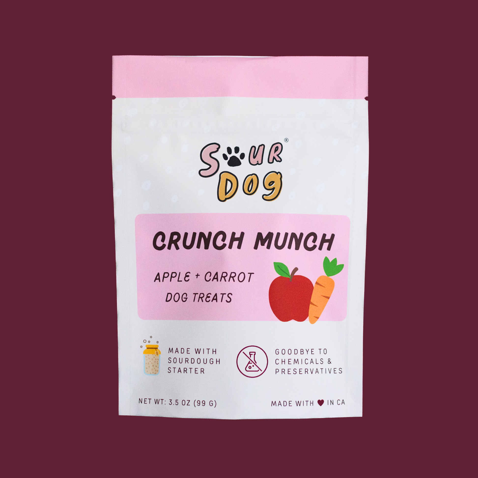 Front side of SourDog's Crunch Munch, apple and carrot sourdough fermented dog treats for sensitive stomach