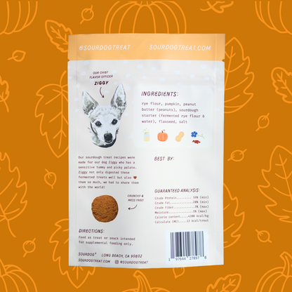 Back side of SourDog's Pupkin Pie, pumpkin sourdough fermented dog treats for sensitive stomach
